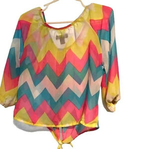 George Girls Puffed Sleeve Sheer Button-Up Top/Blouse Multicolored Pink/Blue/Yel